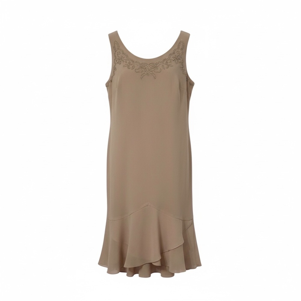Vintage R&M Richards Beige Flowy Ruffle Dress with Beaded Embellishments